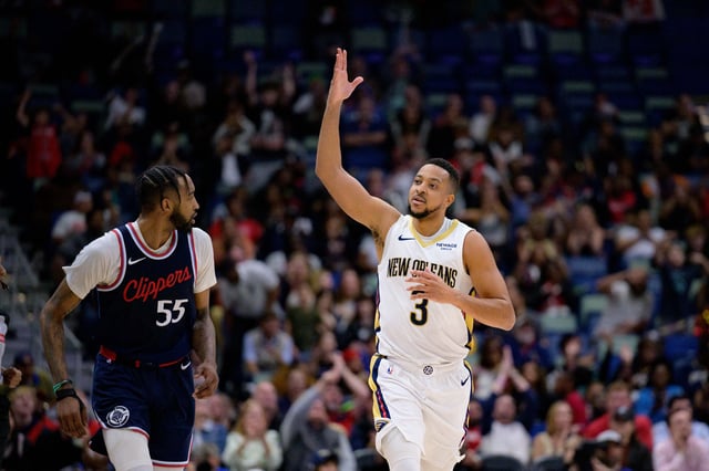 Mar 11, 2025; New Orleans, Louisiana, USA; New Orleans Pelicans guard CJ McCollum (3) blows a chefÕs kiss after a three-point basket against the Los Angeles Clippers during the fourth quarter at Smoothie King Center. Mandatory Credit: Matthew Hinton-Imagn Images/File Photo