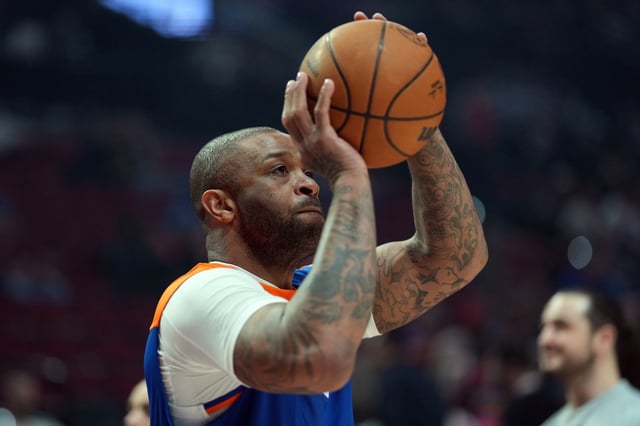 Mar 12, 2025; Portland, Oregon, USA;  New York Knicks power forward P.J. Tucker (17) warms up before the game against the Portland Trail Blazers at Moda Center. Mandatory Credit: Soobum Im-Imagn Images/File Photo