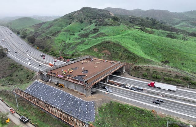 First layers of soil and the building of rock features, continue on Monday, March 31, 2025, on the surface of Wallis Annenberg Wildlife Crossing launching what will become a nearly 1-acre native wildlife habitat above ten lanes of the 101 in Agoura Hills.  (Photo by Dean Musgrove, Los Angeles Daily News/SCNG)