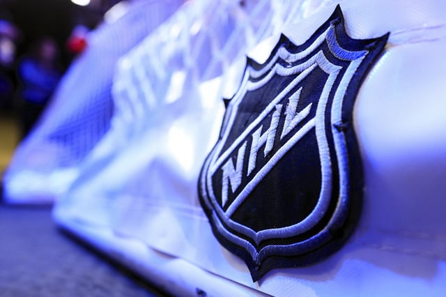 Mar 24, 2023; Columbus, Ohio, USA;  The NHL logo is seen on the game net prior to the game between the New York Islanders and the Columbus Blue Jackets at Nationwide Arena. Mandatory Credit: Aaron Doster-USA TODAY Sports/File Photo