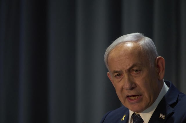 Israel's Prime Minister Benjamin Netanyahu delivers a speech during the International Conference on Combating Antisemitism in Jerusalem, Israel,Thursday, March 27, 2025. (AP Photo/Leo Correa)