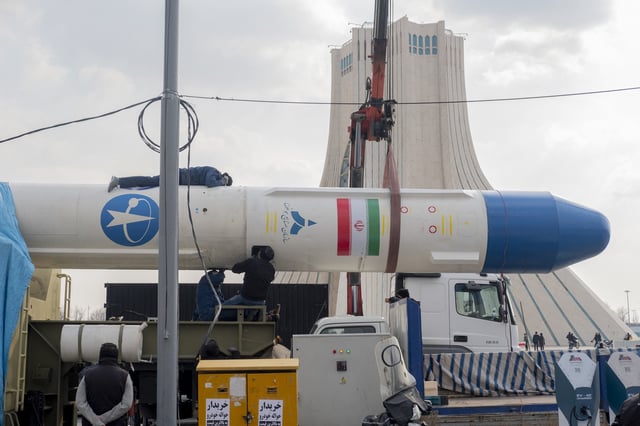 A large missile is displayed near Azadi Tower as part of the 22 Bahman celebrations in Tehran, Iran, on February 10, 2025. The anniversary marks 46 years since the Islamic Republic&#39;s founding, amid increasing public dissatisfaction with the regime.