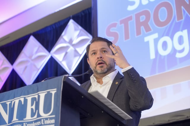 Sen. Ruben Gallego, D-AZ., speaks during the opening session of the National Treasury Employees Union (NTEU) Legislative Conference at the Hilton Washington DC National Mall The Wharf, Tuesday, March 4, 2025, in Washington. (AP Photo/Rod Lamkey, Jr.)