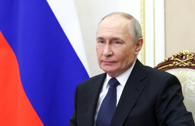 Russia&#39;s President Vladimir Putin chairs a Security Council meeting via videoconference at the Kremlin in Moscow on March 28, 2025.