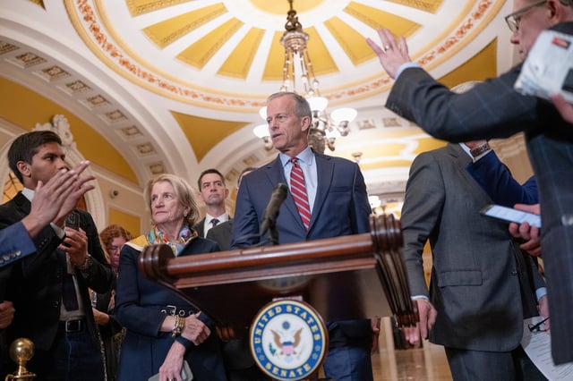 Senate Majority Leader John Thune (R-SD) speaks with reporters following the Senate Republicans' weekly policy lunch on Capitol Hill in Washington, D.C., U.S., March 11, 2025.
