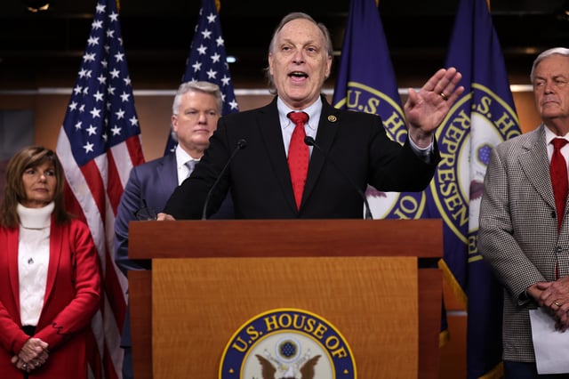 Congressman Andy Biggs speaks about border security during a news conference with fellow members of the Congressional Border Security Caucus on January 23, 2025 in Washington, DC.