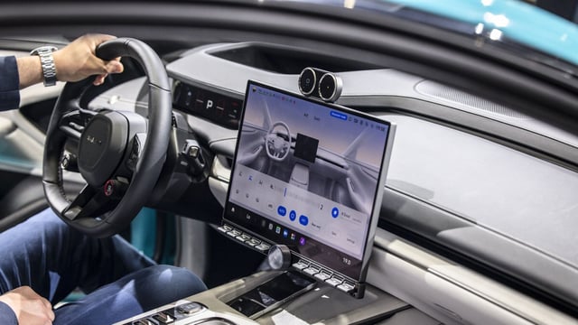 The controls and screen interface of a Xiaomi SU7 Ultra electric vehicle at the MWC25 tech show in Barcelona, Spain on March 3, 2024.