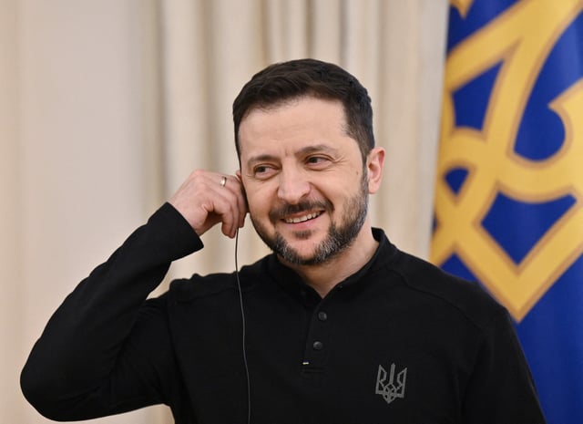 Ukrainian President Volodymyr Zelensky gives a press conference in Kyiv on March 28, 2025, amid the Russian invasion of Ukraine.