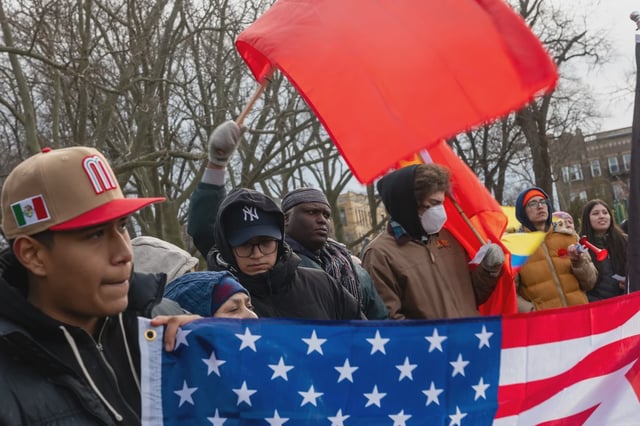 People protest in Brooklyn's Sunset Park neighborhood in support of immigrants on February 08, 2025 in New York City.
