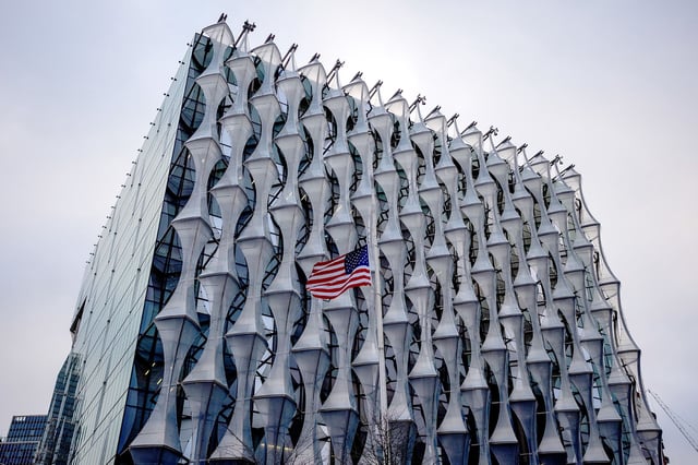 LONDON, ENGLAND - DECEMBER 30: The flag of the USA flies at half mast outside the country's embassy following the death of former president Jimmy Carter, on December 30, 2024 in London, England. (Photo by Carl Court/Getty Images)
