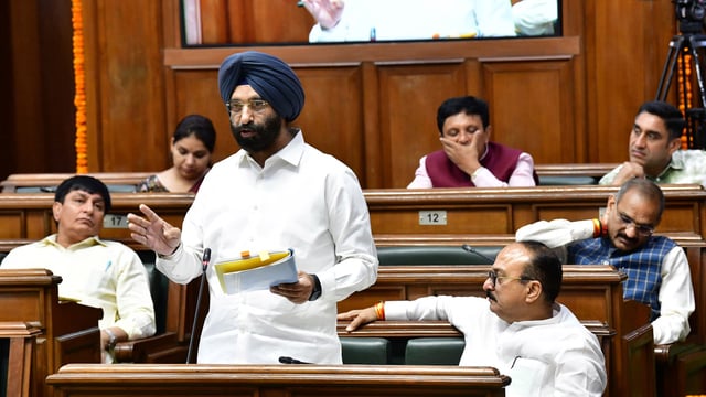 Delhi cabinet minister Manjinder Singh Sirsa during the Budget session of the Delhi Assembly in New Delhi, India, on Tuesday, April 1, 2025. 