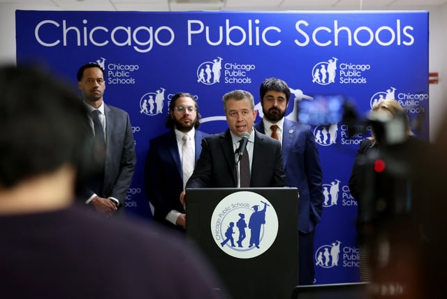 Chicago Public Schools CEO Pedro Martinez gives an updated on contract negotiations with the Chicago Teachers Union at a press conference at CPS Headquarters on Feb. 6, 2025. (Chris Sweda/Chicago Tribune)