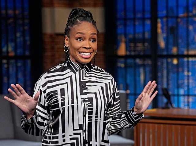 LATE NIGHT WITH SETH MEYERS -- Episode 1610 -- Pictured: Writer Amber Ruffin during the monologue on January 15, 2025 -- (Photo by: Lloyd Bishop/NBC)