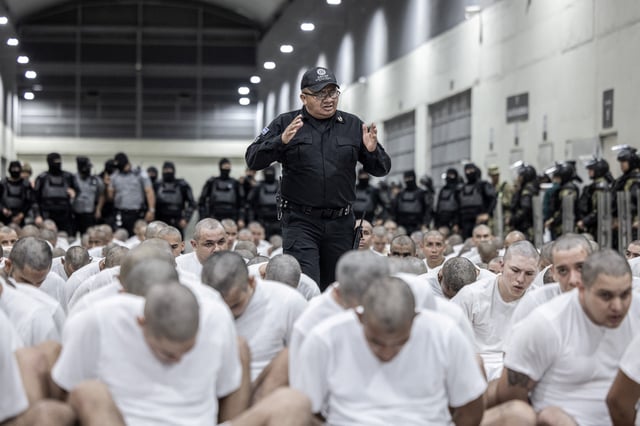 Alleged members of the Venezuelan gang Tren de Aragua recently deported by the U.S. government to be imprisoned in the Terrorism Confinement Center (CECOT) prison sit on the floor, as part of an agreement with the Salvadoran government, in Tecoluca, El Salvador, in this handout image obtained March 16, 2025. Secretaria de Prensa de la Presidencia/Handout via REUTERS