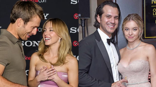 Sydney Sweeney with co-star Glen Powell; her with former-fiancé Jonathan Davino