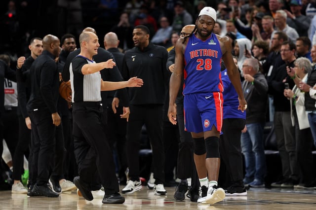 Mar 30, 2025; Minneapolis, Minnesota, USA; Detroit Pistons center Isaiah Stewart (28) reacts after a fight against the Minnesota Timberwolves during the second quarter at Target Center. Stewart was later ejected from the game. Mandatory Credit: Matt Krohn-Imagn Images