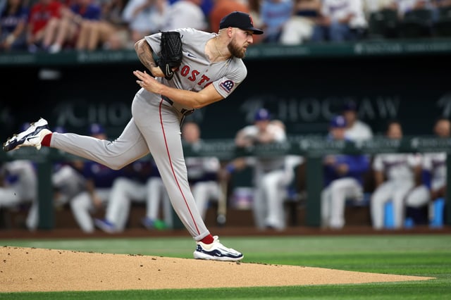 Mar 27, 2025; Arlington, Texas, USA; Boston Red Sox pitcher Garrett Crochet (35) throws a pitch in the first inning against the Texas Rangers at Globe Life Field. Mandatory Credit: Tim Heitman-Imagn Images/File Photo