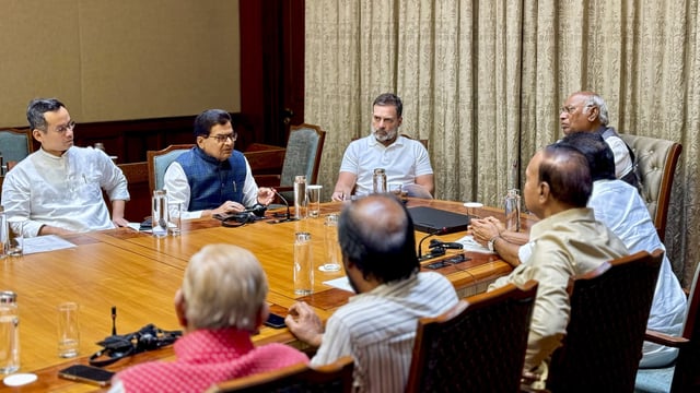 INDIA bloc leaders during a meeting at Parliament House in New Delhi. 