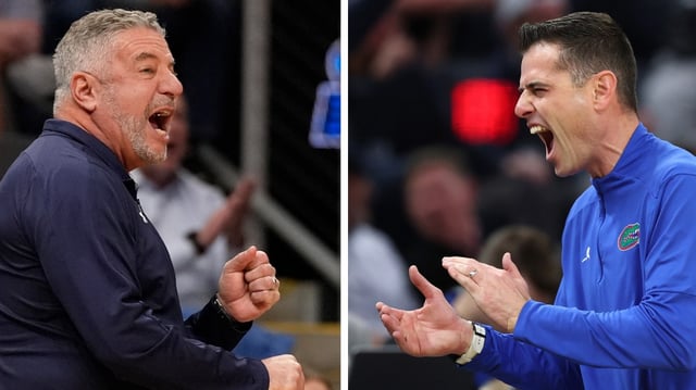 On left, Auburn head coach Bruce Pearl watches play against Michigan during the first half in the Sweet 16 of the NCAA college basketball tournament, Friday, March 28, 2025, in Atlanta. Florida head coach Todd Golden reacts against the Maryland Terrapins during the second half in the West Regional Sweet Sixteen round of the NCAA Men’s Basketball Tournament at Chase Center on March 27, 2025 in San Francisco, California.  (Brynn Anderson/The Associated Press and Ezra Shaw/Getty Images)