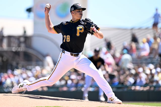 Mar 18, 2025; Bradenton, Florida, USA; Pittsburgh Pirates starting pitcher Thomas Harrington (78) throws a pitch in the first inning against the Philadelphia Phillies during spring training at LECOM Park. Mandatory Credit: Jonathan Dyer-Imagn Images/File Photo