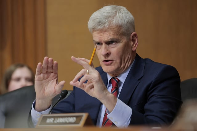 Sen. Bill Cassidy (R-LA) asks questions during the confirmation hearing for Dr. Mehmet Oz before the Senate Finance Committee in the Dirksen Senate Office Building on March 14, 2025 in Washington, DC.