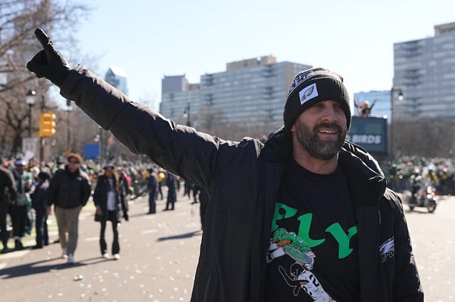 Head coach Nick Sirianni of the Philadelphia Eagles celebrates during the Philadelphia Eagles Super Bowl Championship Parade on February 14, 2025