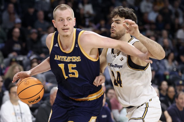 Jurian Dixon #24 of the UC Irvine Anteaters drives against Nordin Kapic #24 of the UC San Diego Tritons in the first half of the Big West Men&#39;s Basketball Tournament Championship game at Lee&#39;s Family Forum on March 15, 2025 in Henderson, Nevada.