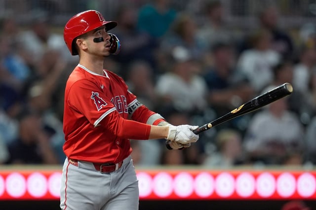 Angels shortstop Zach Neto was scheduled to begin a rehab assignment with Triple-A Salt Lake on Tuesday night. Neto will just be the DH, though. He’s still not ready to play in the field as he works his way back from offseason shoulder surgery. (AP Photo/Abbie Parr)