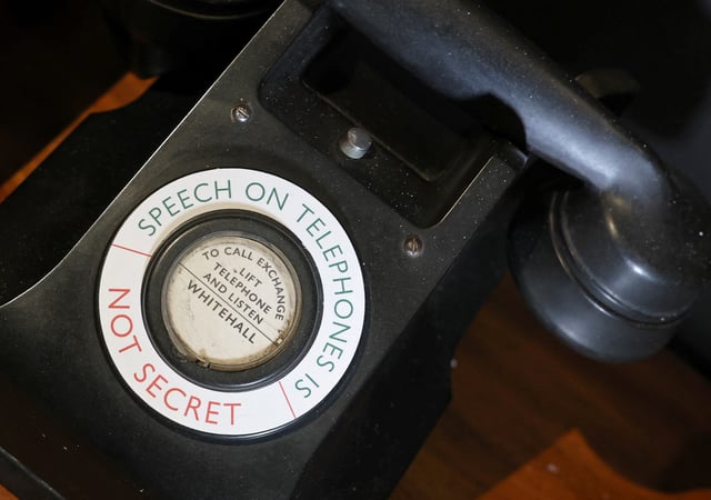 A telephone used by central government and intelligence departments during World War Two is displayed, and forms part of ‘MI5: Official Secrets’, a new exhibition exploring the history of the British intelligence agency, at The National Archives in London, Britain, April 1, 2025. REUTERS/Toby Melville
