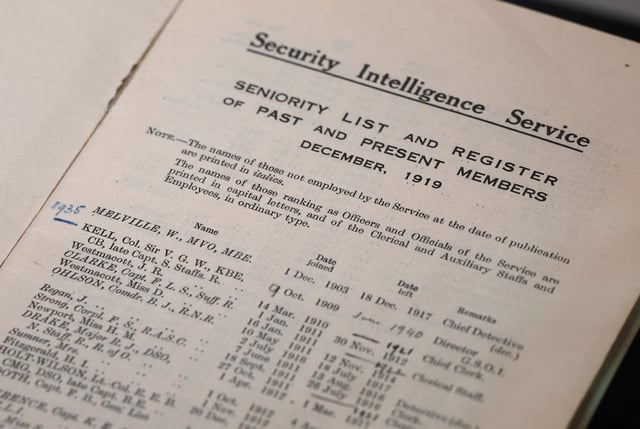 A document containing names of original members of the British Security Intelligence Service is displayed, which forms part of ‘MI5: Official Secrets’, a new exhibition exploring the history of the British intelligence agency, at The National Archives in London, Britain, April 1, 2025. REUTERS/Toby Melville
