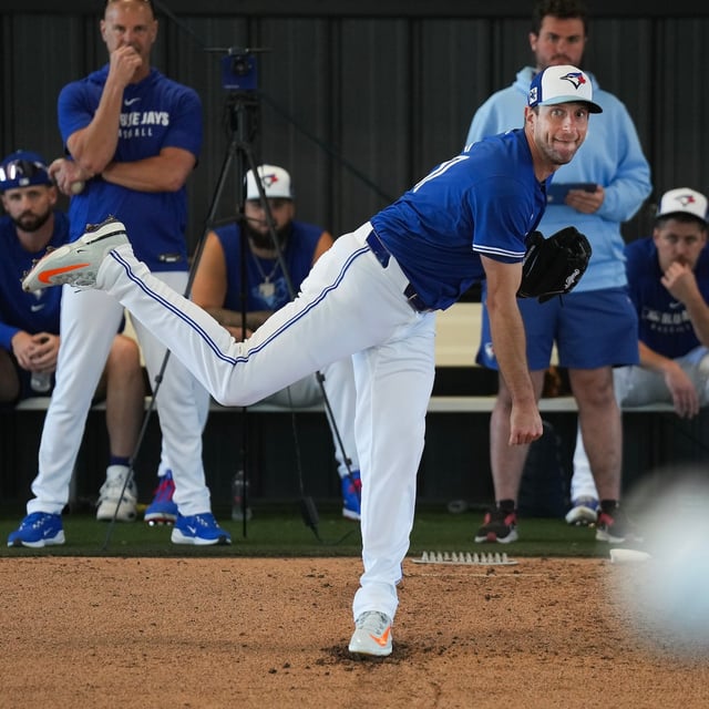 Toronto Blue Jays pitcher Max Scherzer throws a pitching session during spring training in Dunedin Fla., on Monday, February 17, 2025. THE CANADIAN PRESS/Nathan Denette