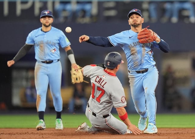 Washington Nationals' Alex Call (17) is out at second as Toronto Blue Jays second baseman Andres Gimenez, right, throws to first base to turn the double play during fourth inning MLB baseball action in Toronto, Tuesday, April 1, 2025. Jays shortstop Bo Bichette, left, looks on. THE CANADIAN PRESS/Frank Gunn