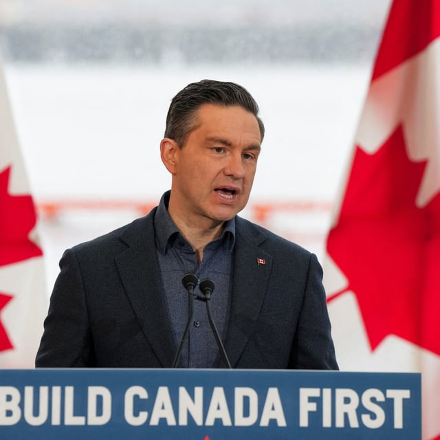 Conservative Party of Canada leader Pierre Poilievre speaks during his election campaign tour in Saint John, New Brunswick, Canada March 31, 2025. REUTERS/John Morris