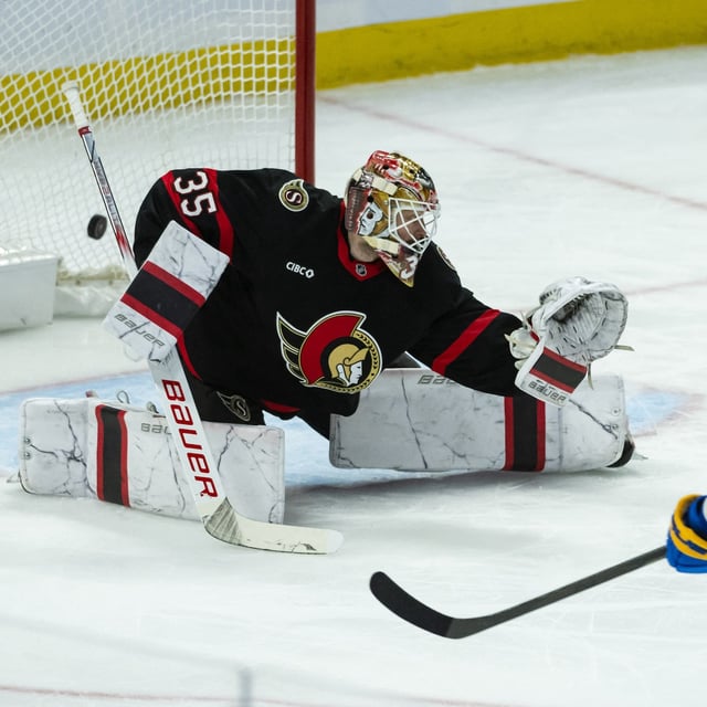Apr 1, 2025; Ottawa, Ontario, CAN; Buffalo Sabres center Peyton Krebs (19) scores against Ottawa Senators goalie Linus Ullmark (35) in the third period at the Canadian Tire Centre. Mandatory Credit: Marc DesRosiers-Imagn Images