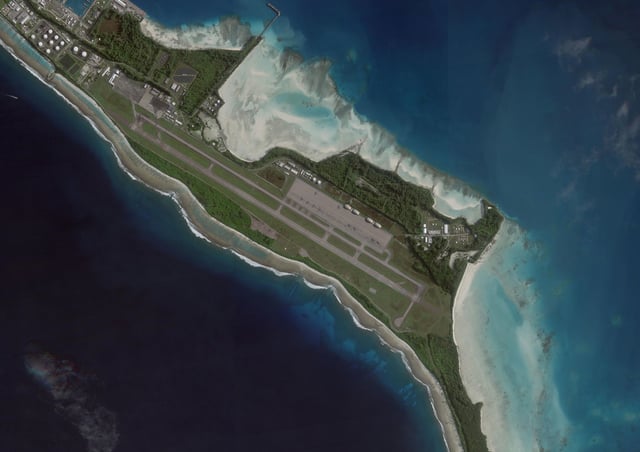 Satellite image shows the Diego Garcia Air Base with four B2s and six support aircraft on the tarmac on March 29, 2025.