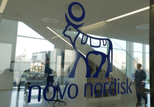 The logo of Danish drugmaker Novo Nordisk in their offices in Hillerod, Denmark, September 26, 2023.