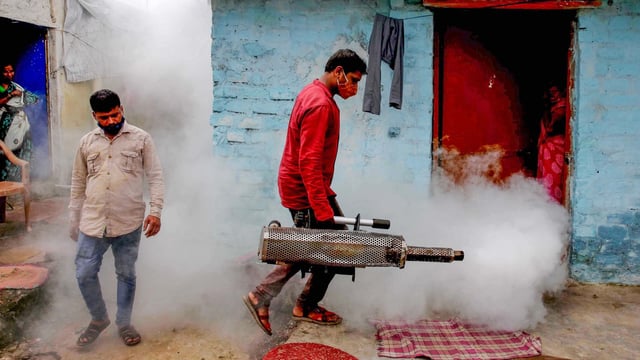 A sanitation worker fumigates a residential area as part of an initiative to curb breeding sites for mosquitoes causing dengue. (Representative image)