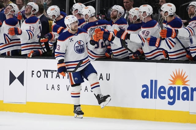 Edmonton Oilers left wing Viktor Arvidsson (33) celebrates after scoring against the Vegas Golden Knights during the second period of an NHL hockey game Tuesday, April 1, 2025, in Las Vegas. (AP Photo/John Locher)