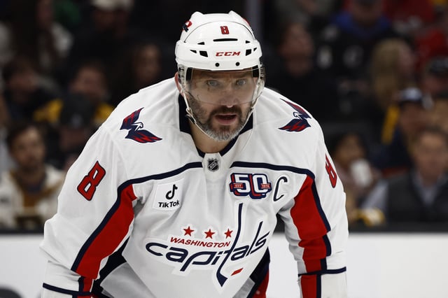 Apr 1, 2025; Boston, Massachusetts, USA; Washington Capitals left wing Alex Ovechkin (8) waits for a faceoff against the Boston Bruins during the third period at TD Garden. Mandatory Credit: Winslow Townson-Imagn Images