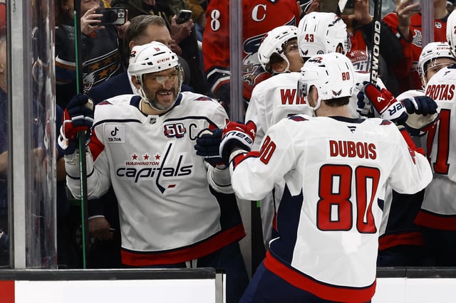 Apr 1, 2025; Boston, Massachusetts, USA; Washington Capitals left wing Alex Ovechkin (8) celebrates a goal against the Boston Bruins with left wing Pierre-Luc Dubois (80) during the third period at TD Garden. Mandatory Credit: Winslow Townson-Imagn Images