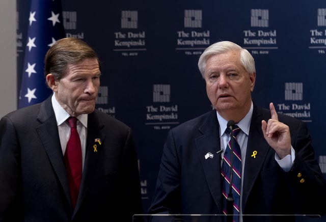US Senator Lindsey Graham (R-SC) and Sen. Richard Blumenthal (D-CT) during a press conference on US-Israel relations on February 17, 2025 at the Kempinski Hotel in Tel Aviv, Israel.