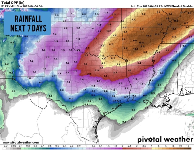 Shown are the potential cumulative rainfall totals across Texas through Saturday. The highest rainfall totals are expected in the northern half of the state.