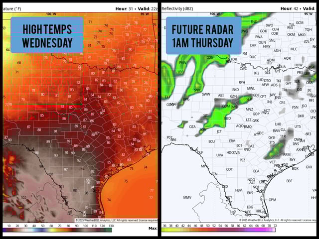 Shown are the expected high temperatures across Texas on Wednesday afternoon, left, along with the potential future weather radar image overnight at 1 a.m. Thursday.