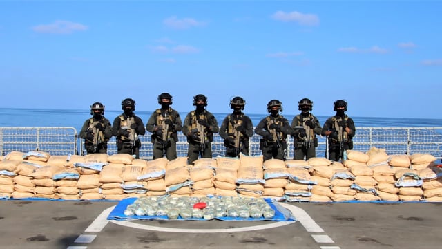 A specialist boarding team and Marine Commandos boarded the suspect vessel and conducted a thorough search, revealing various sealed packets.