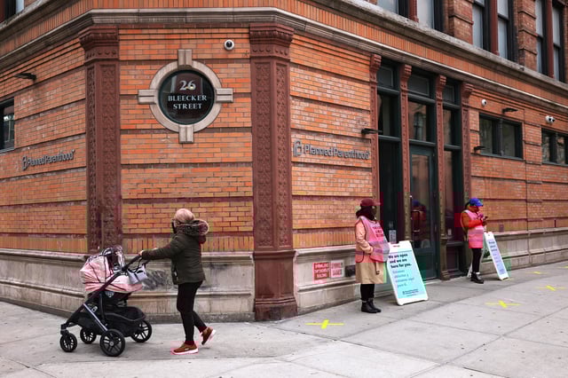 Volunteers stand outside the Planned Parenthood in New York's Financial District in 2021.