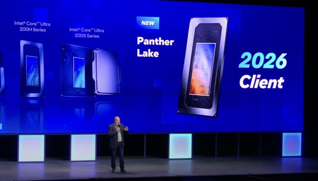 Intel's Jim Johnson said Panther Lake goes into production later this year but the big screen behind him indicated availability in 2026.