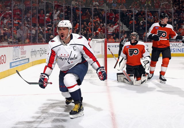Alex Ovechkin #8 of the Washington Capitals celebrates his goal against Samuel Ersson #33 of the Philadelphia Flyers at 18:08 of the first period at the Wells Fargo Center on April 16, 2024 in Philadelphia, Pennsylvania.
