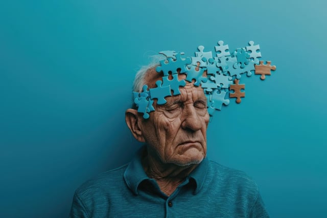 Senior old thinking man suffering from dementia with puzzles on head