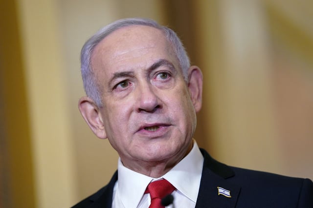 Israeli Prime Minister Benjamin Netanyahu speaks to reporters next to the U.S. house speaker at the U.S. Capitol in Washington, U.S., February 7, 2025.