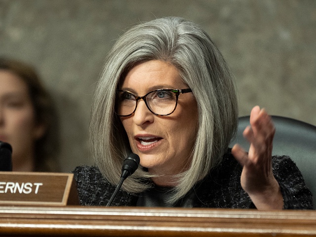 Sen. Joni Ernst, R-Iowa, questions Daniel Driscoll, President Donald Trump's nominee to be the Department of Defense's Secretary of the Army, during a Senate Armed Services Committee confirmation hearing, Thursday, Jan. 30, 2025, on Capitol Hill in Washington. (AP Photo/Manuel Balce Ceneta)